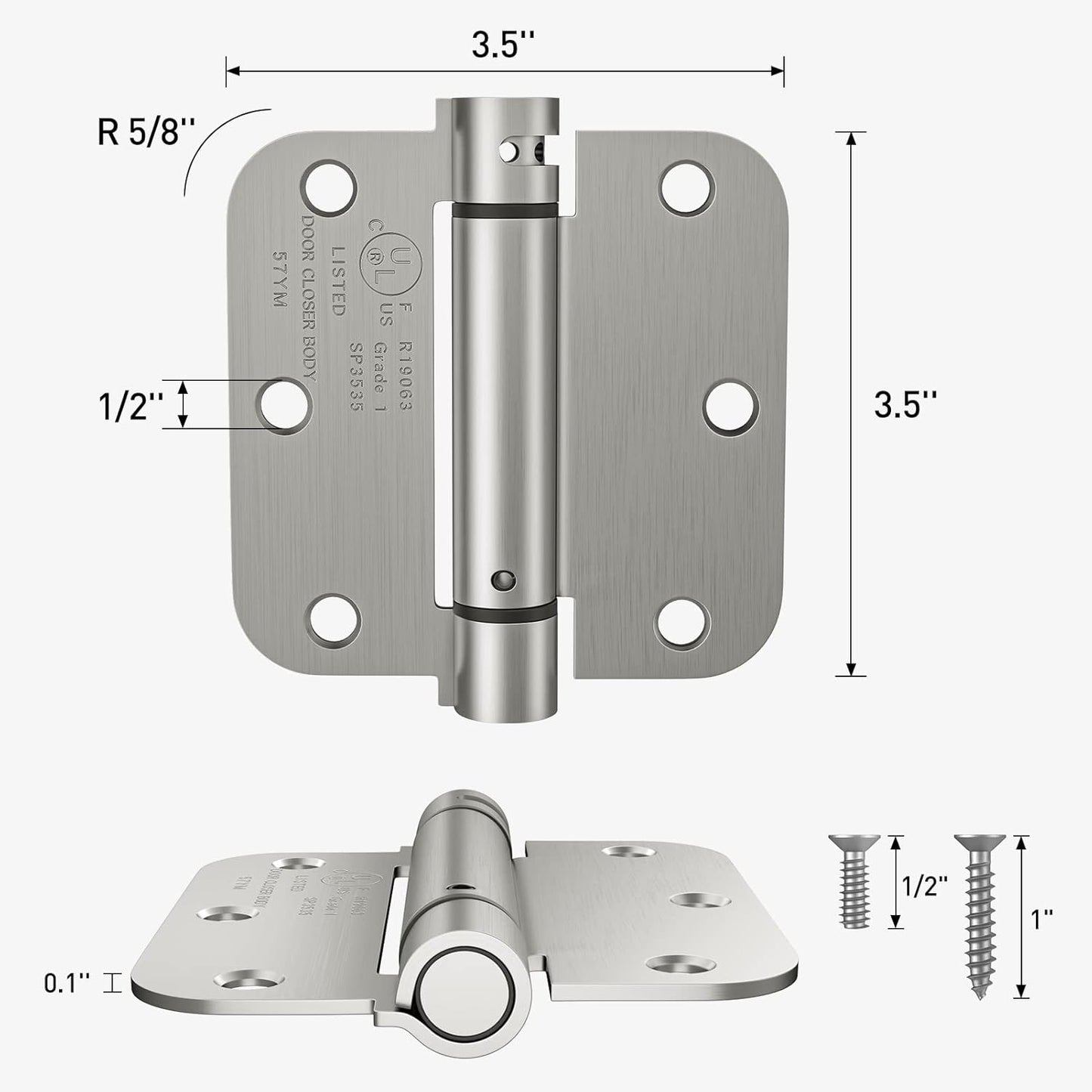Adjustable Tension Self Closing Door Hinges 3.5 Inch, Brushed Nickel Finish, UL Listed, 1 Pack