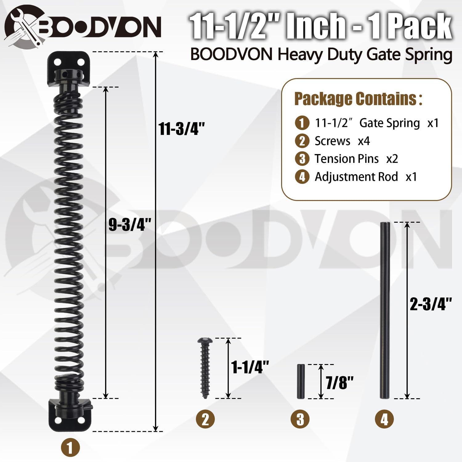 Adjustable Tension Self Closing Gate Spring for Wooden Gates, Vinyl Fences, and Steel Doors - Heavy Duty 11-1/2" Automatic Gate Closure - Black (1 Pack)