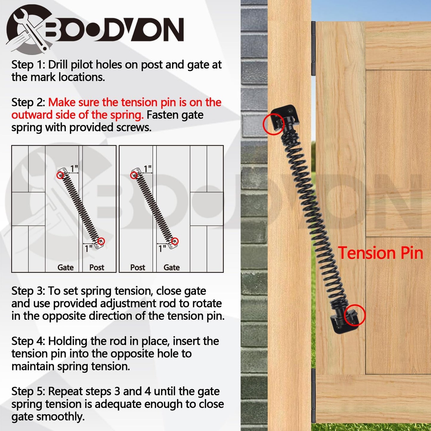 Adjustable Tension Self Closing Gate Spring for Wooden Gates, Vinyl Fences, and Steel Doors - Heavy Duty 11-1/2" Automatic Gate Closure - Black (1 Pack)