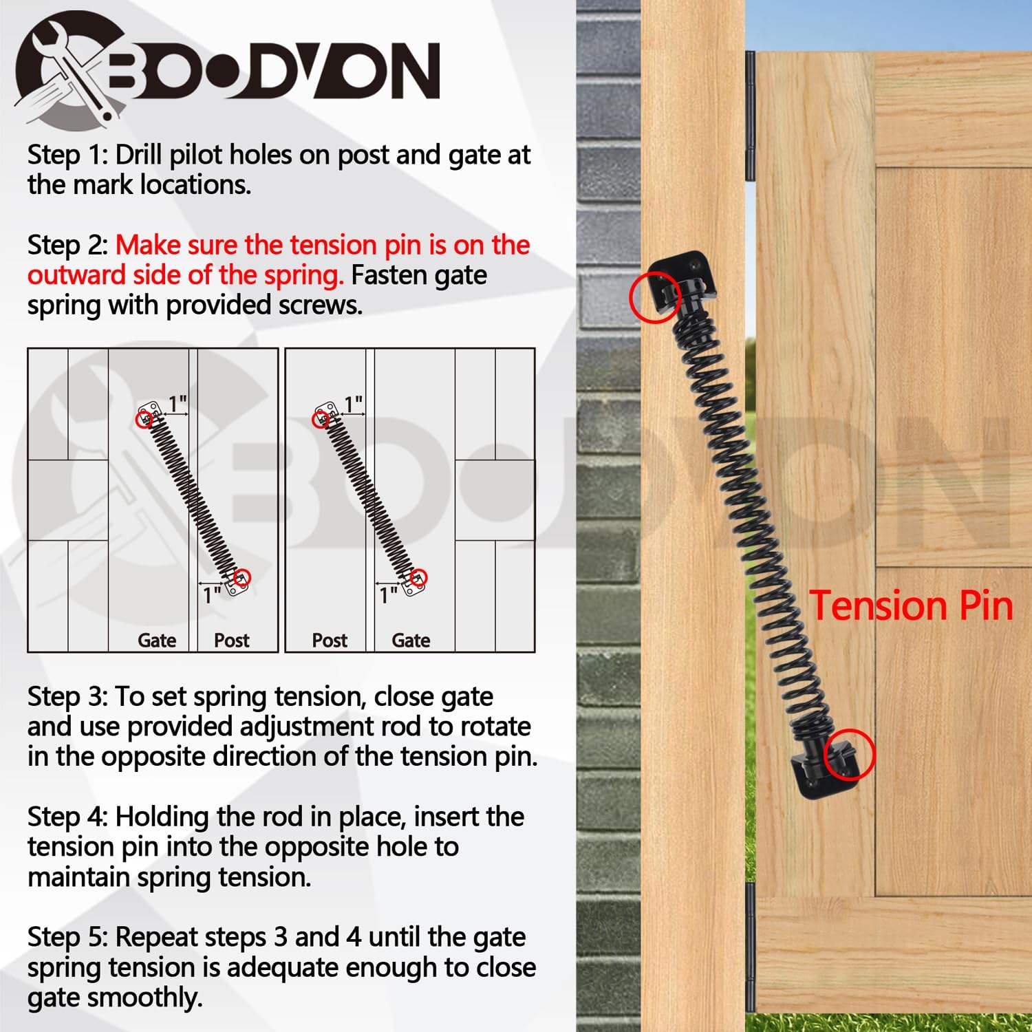 Adjustable Tension Self Closing Gate Spring for Wooden Gates, Vinyl Fences, and Steel Doors - Heavy Duty 11-1/2" Automatic Gate Closure - Black (1 Pack)