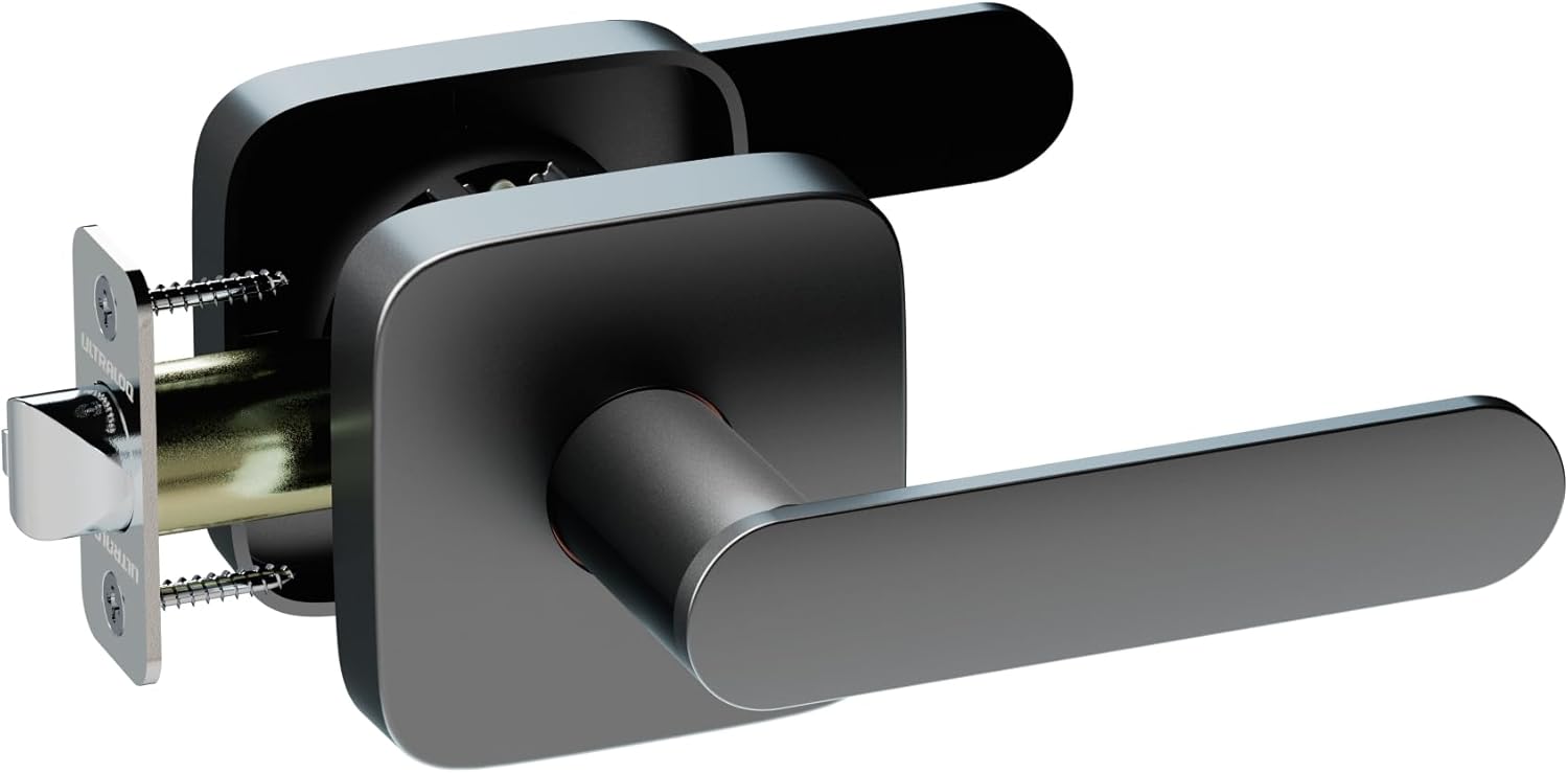 Adjustable ULTRALOQ Passage Lever Door Handle in Matte Black Finish, Reversible for Interior/Exterior Doors, Waterproof with Adjustable Latch
