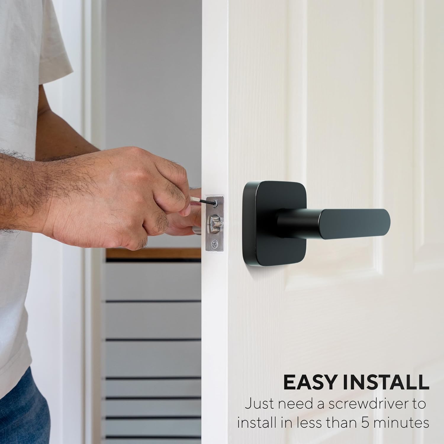 Adjustable ULTRALOQ Passage Lever Door Handle in Matte Black Finish, Reversible for Interior/Exterior Doors, Waterproof with Adjustable Latch