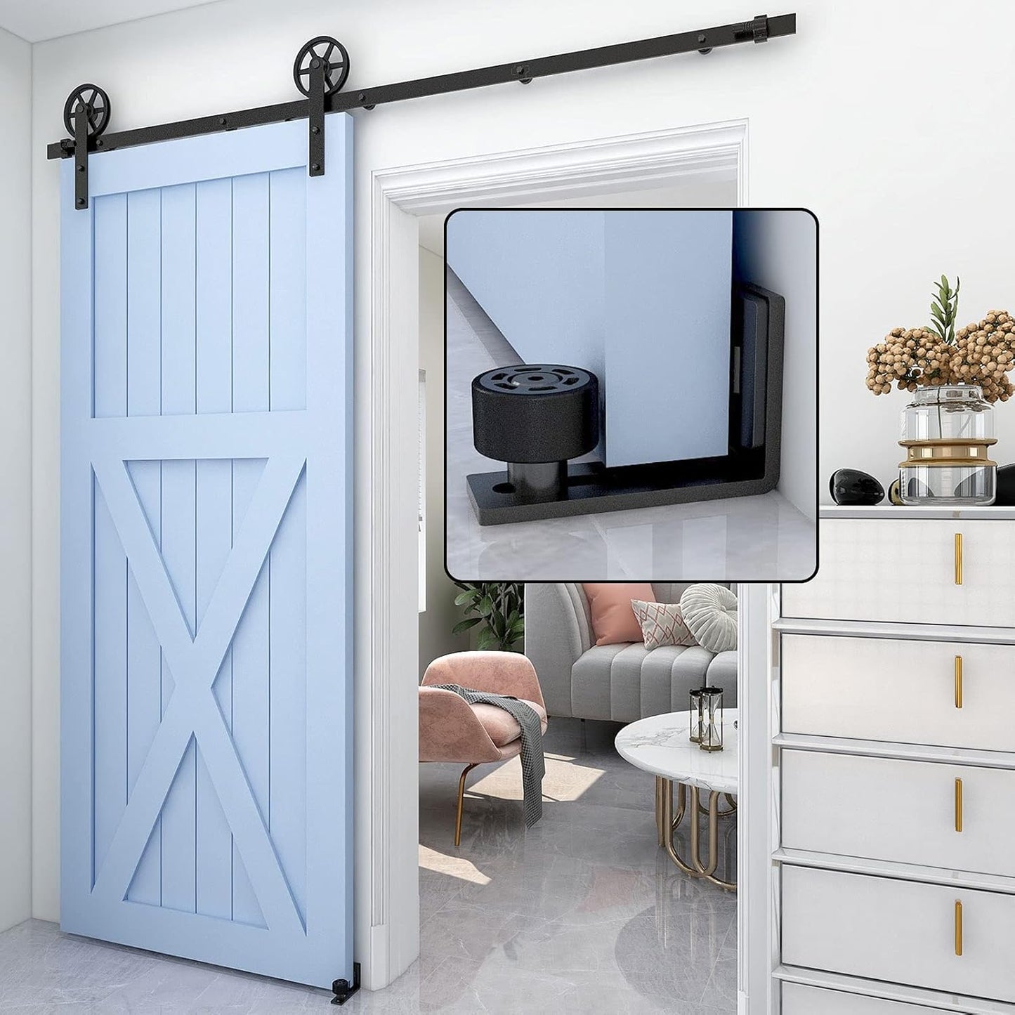 Adjustable Wall Mount Sliding Barn Door Floor Guide - Flush Bottom Door Guides (2 Pack, Black)