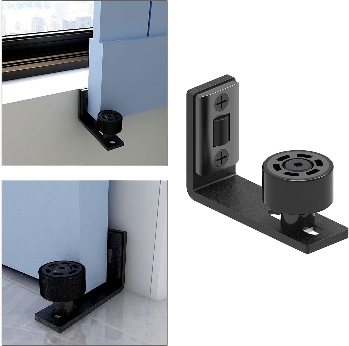 Adjustable Wall Mount Sliding Barn Door Floor Guide - Flush Bottom Door Guides (2 Pack, Black)