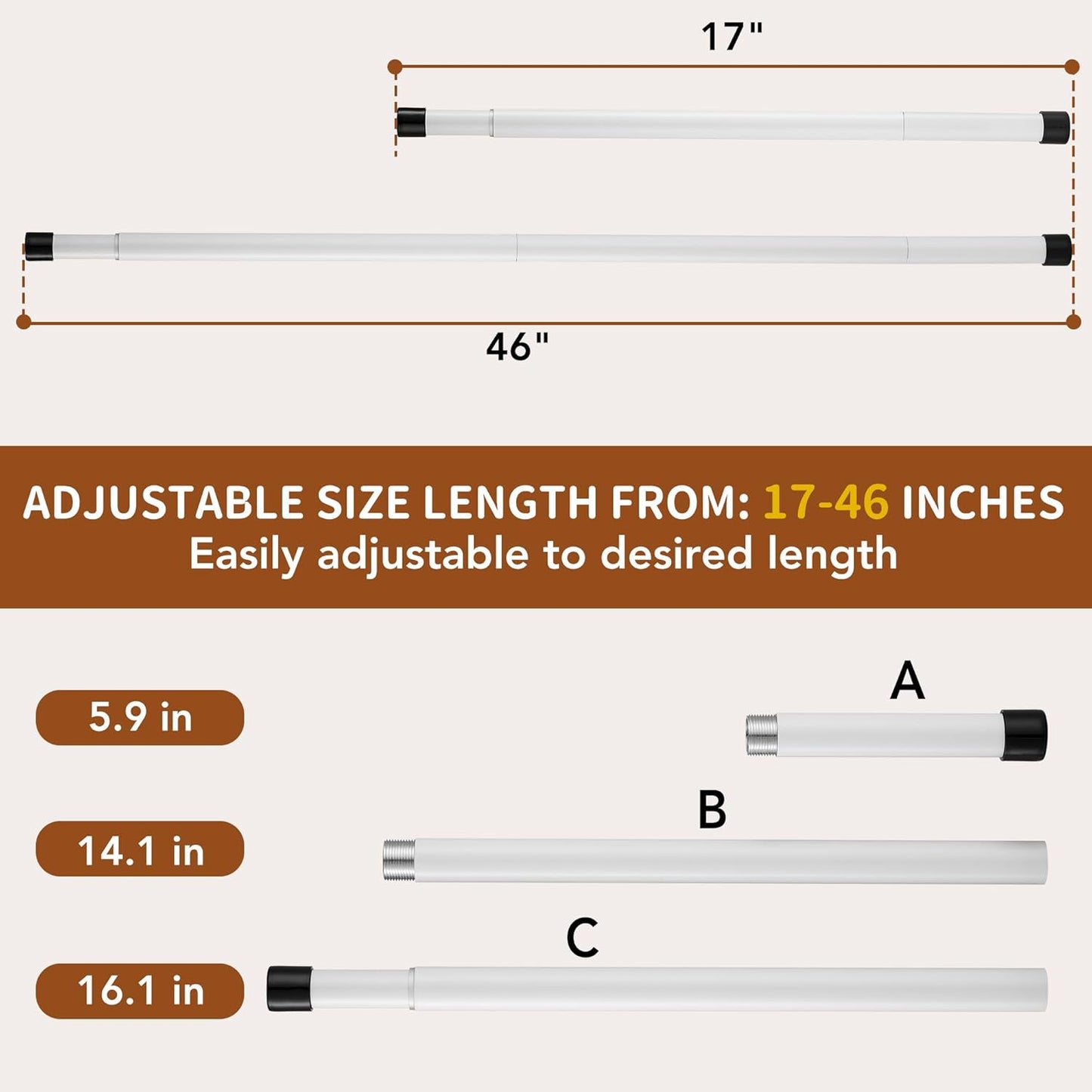 Adjustable White Sliding Door Security Bar with Rubber Tips - 17-46 Inches - Window and Patio Door Lock for Home Security