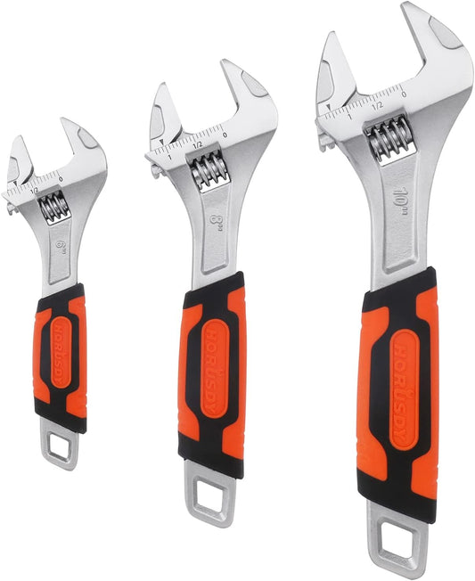 Adjustable Wrench Set 3-Piece - 6-Inch, 8-Inch, 10-Inch - Metric & SAE Scales - Wide Jaw Crescent Wrenches Set