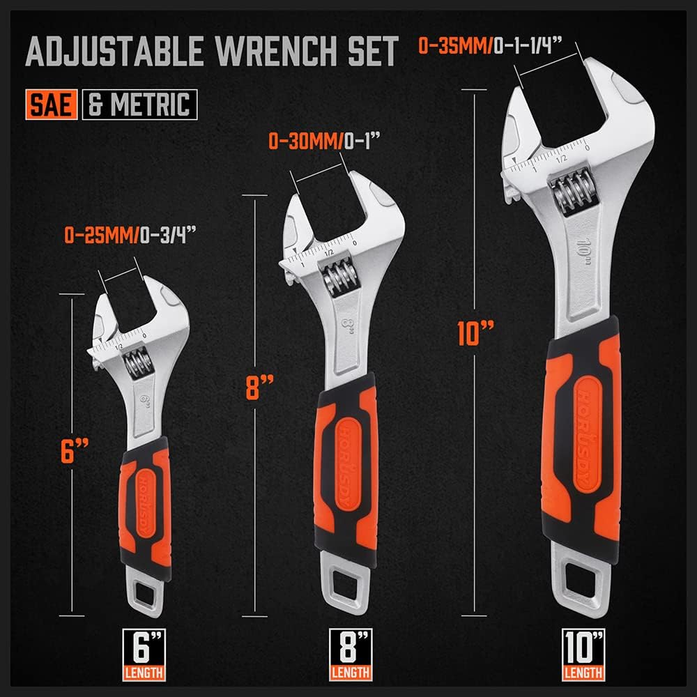 Adjustable Wrench Set 3-Piece - 6-Inch, 8-Inch, 10-Inch - Metric & SAE Scales - Wide Jaw Crescent Wrenches Set