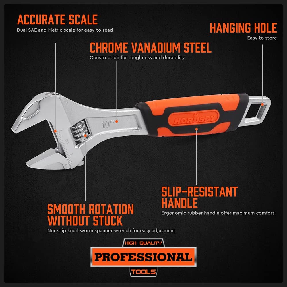 Adjustable Wrench Set 3-Piece - 6-Inch, 8-Inch, 10-Inch - Metric & SAE Scales - Wide Jaw Crescent Wrenches Set