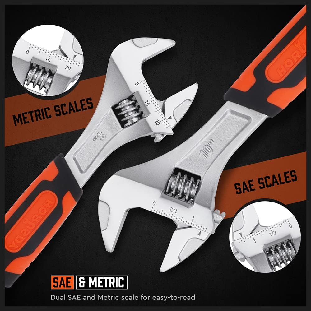 Adjustable Wrench Set 3-Piece - 6-Inch, 8-Inch, 10-Inch - Metric & SAE Scales - Wide Jaw Crescent Wrenches Set