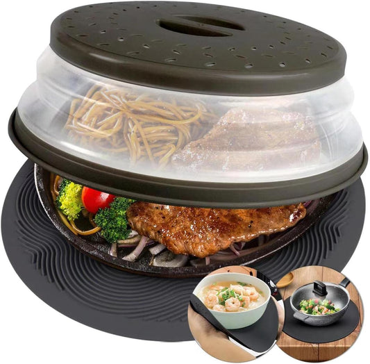Aidacom 2-in-1 Microwave Cover and 12" Mat Set - Heat Resistant Plate Cover, Collapsible Splatter Guard with Silicone Trivet, BPA Free