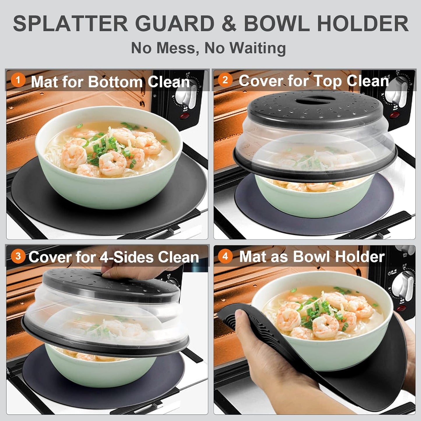 Aidacom 2-in-1 Microwave Cover and 12" Mat Set - Heat Resistant Plate Cover, Collapsible Splatter Guard with Silicone Trivet, BPA Free