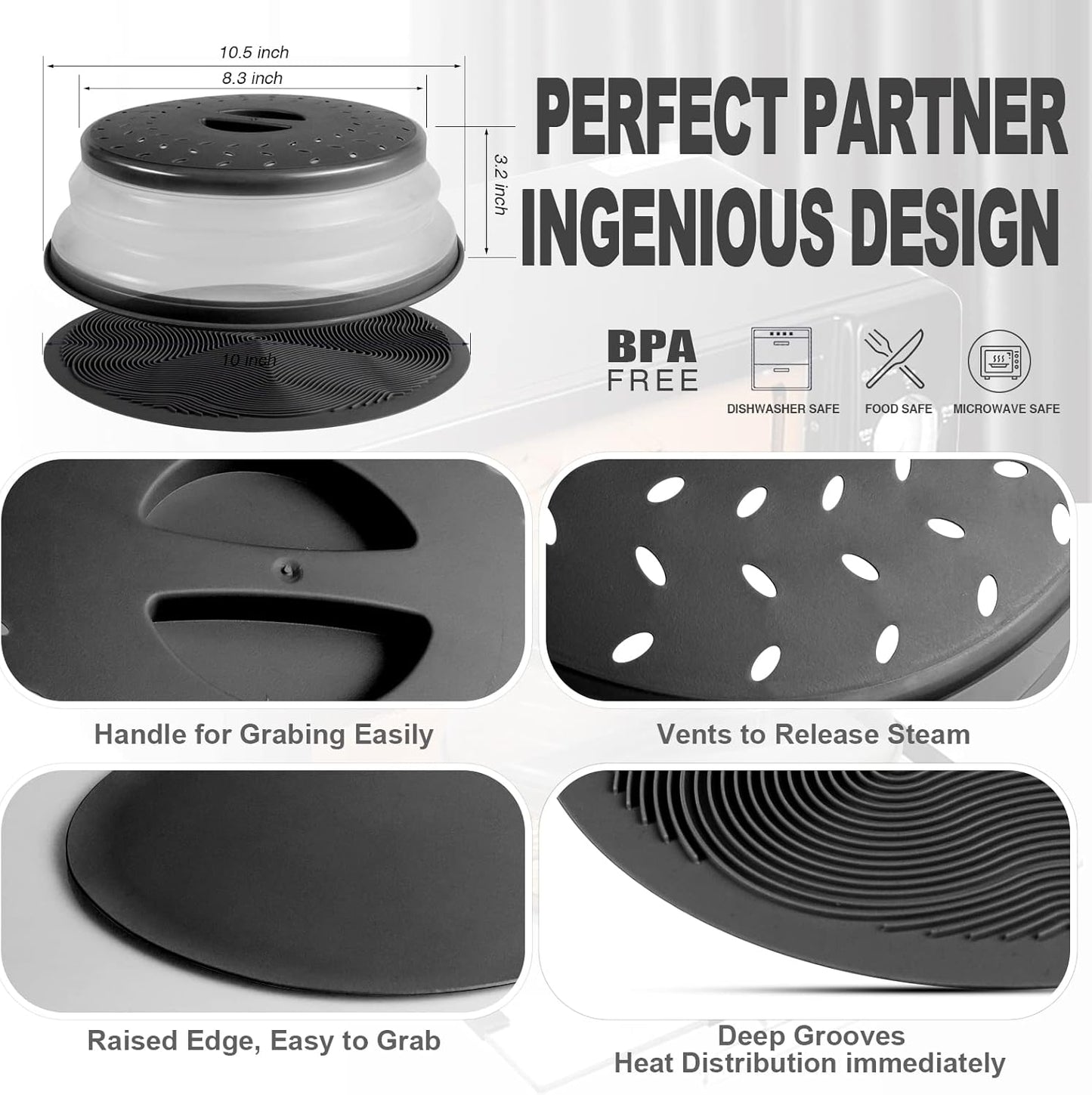 Aidacom 2-in-1 Microwave Cover and 12" Mat Set - Heat Resistant Plate Cover, Collapsible Splatter Guard with Silicone Trivet, BPA Free
