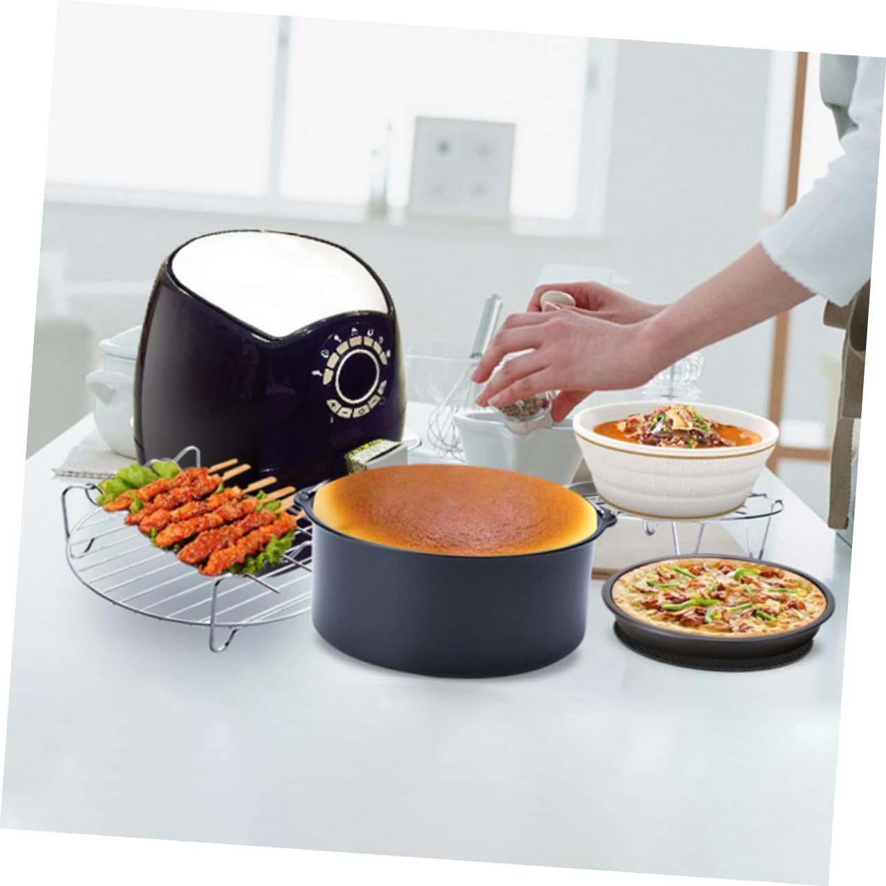 Air Fryer Accessories Set - Round Cake Pans, Bakeware, Liners, Griddle, Roasting Pan - Stainless Steel Black