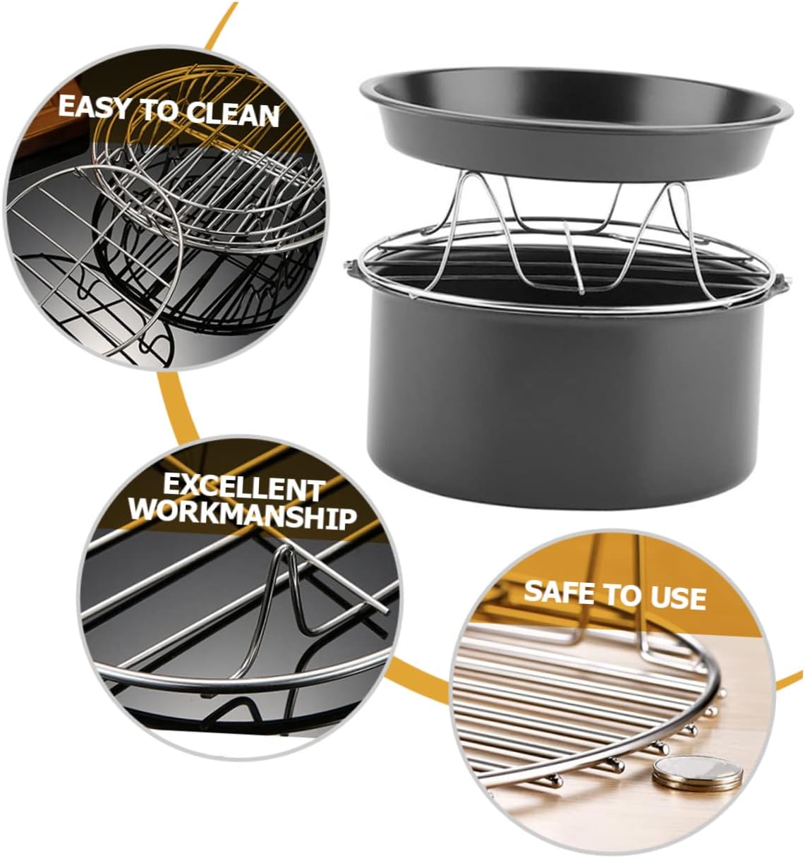 Air Fryer Accessories Set - Round Cake Pans, Bakeware, Liners, Griddle, Roasting Pan - Stainless Steel Black