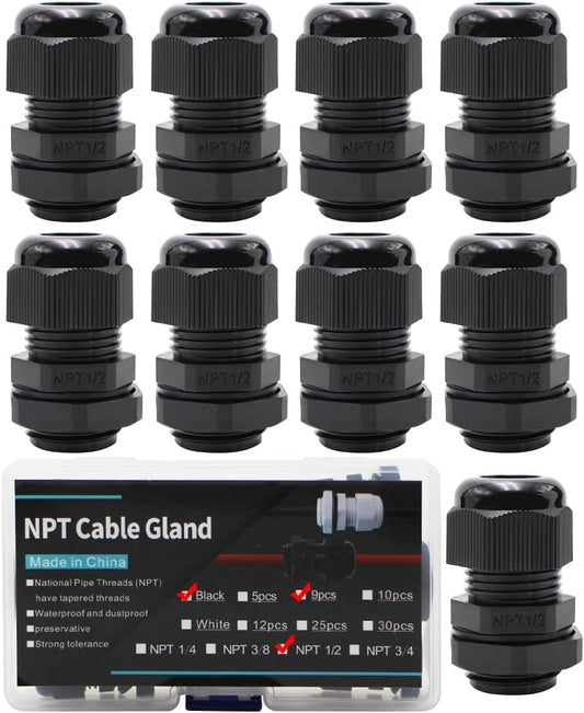 AIRTAK Cable Glands 1/2 NPT Inch Nylon PA66, Waterproof IP68 Locknut for 6-12mm Cable Diameter, 9pcs Black in Plastic Box - Ideal for Junction Box