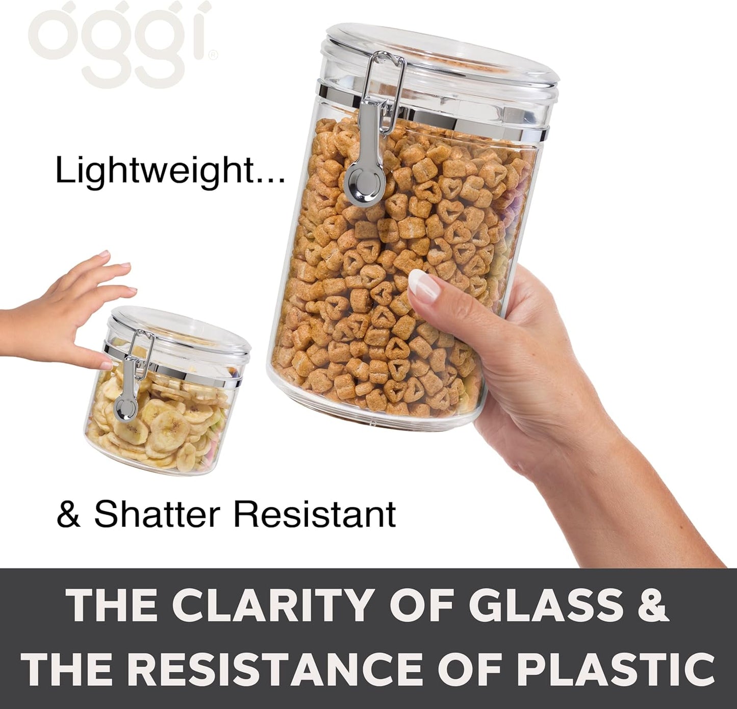 Airtight Food Storage Container - OGGI Clear Canister with Clamp Lid, 59 oz - Ideal for Pantry & Kitchen Storage of Bulk Dry Foods, Pasta, Flour, Sugar, Coffee, Rice, Tea, Spices & Herbs