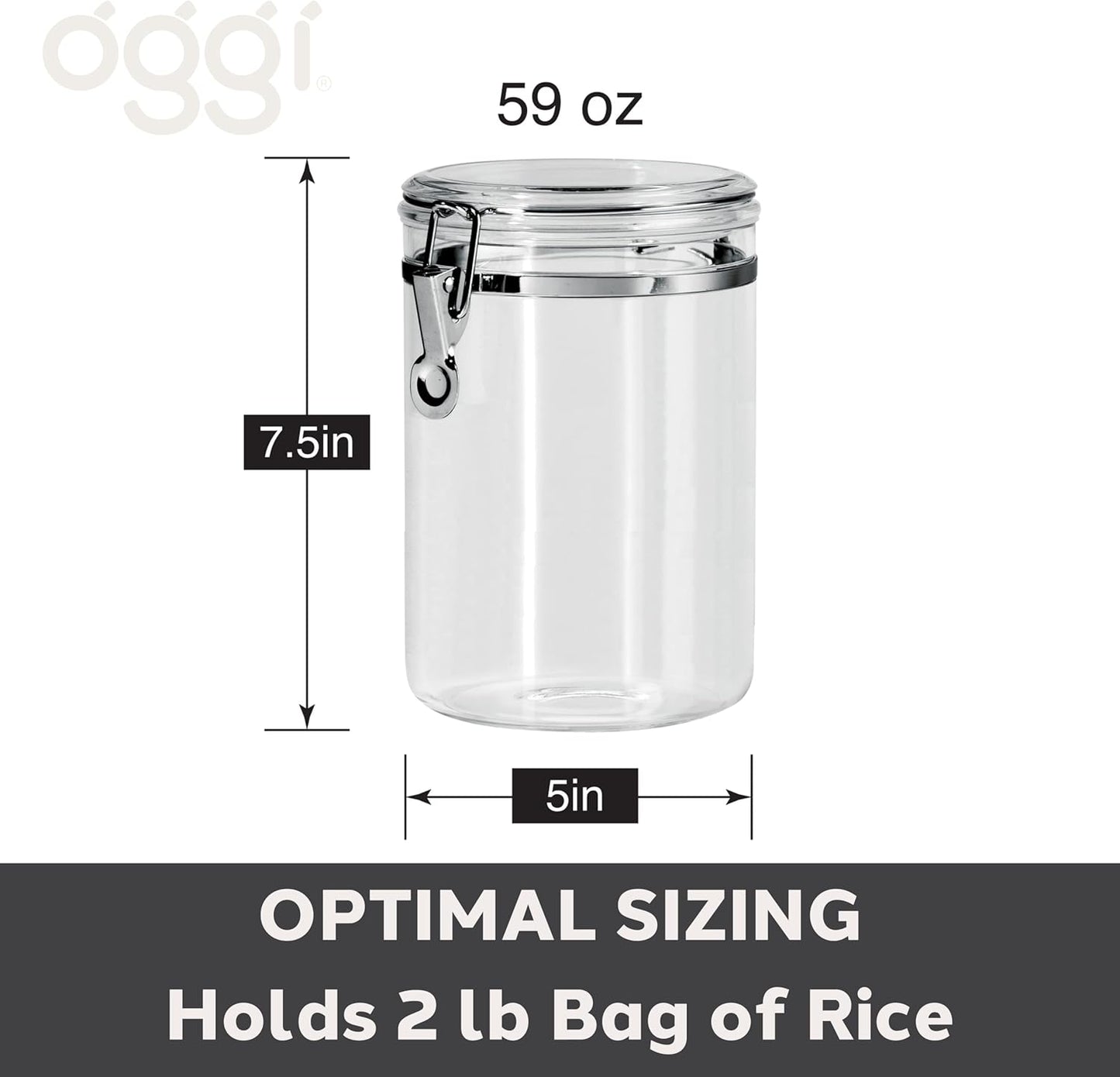 Airtight Food Storage Container - OGGI Clear Canister with Clamp Lid, 59 oz - Ideal for Pantry & Kitchen Storage of Bulk Dry Foods, Pasta, Flour, Sugar, Coffee, Rice, Tea, Spices & Herbs