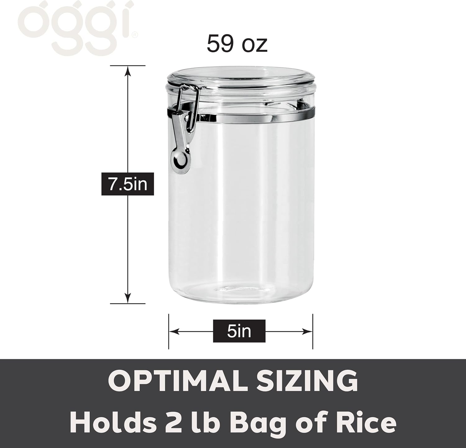 Airtight Food Storage Container - OGGI Clear Canister with Clamp Lid, 59 oz - Ideal for Pantry & Kitchen Storage of Bulk Dry Foods, Pasta, Flour, Sugar, Coffee, Rice, Tea, Spices & Herbs