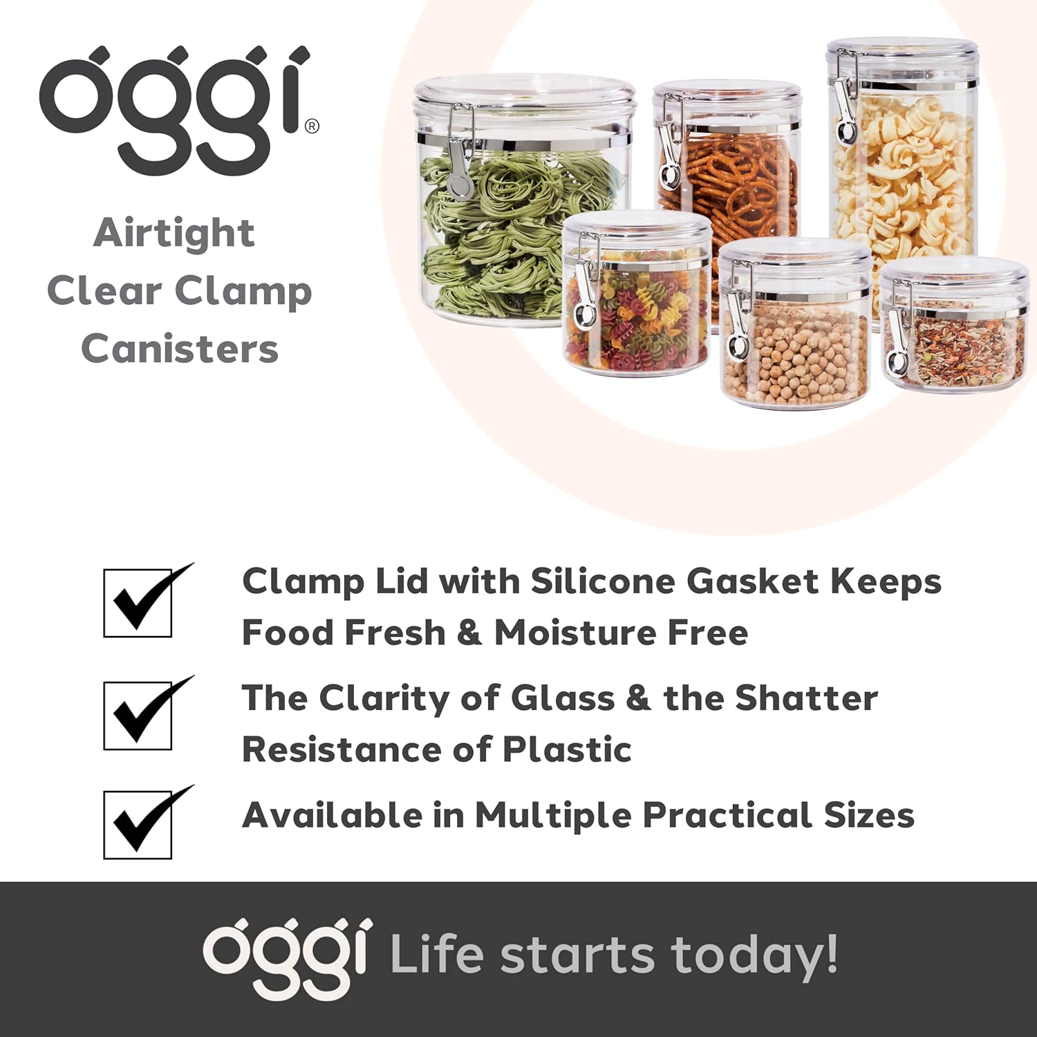 Airtight Food Storage Container - OGGI Clear Canister with Clamp Lid, 59 oz - Ideal for Pantry & Kitchen Storage of Bulk Dry Foods, Pasta, Flour, Sugar, Coffee, Rice, Tea, Spices & Herbs