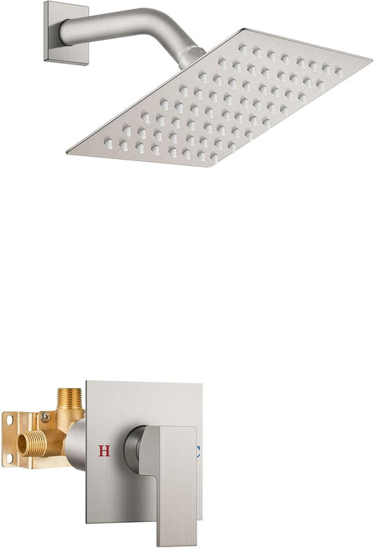 Airuida Bathroom Rain Shower System with Stainless Steel Single Handle Faucet Kit, 6 Inch Wall Mount Head - Brushed Nickel