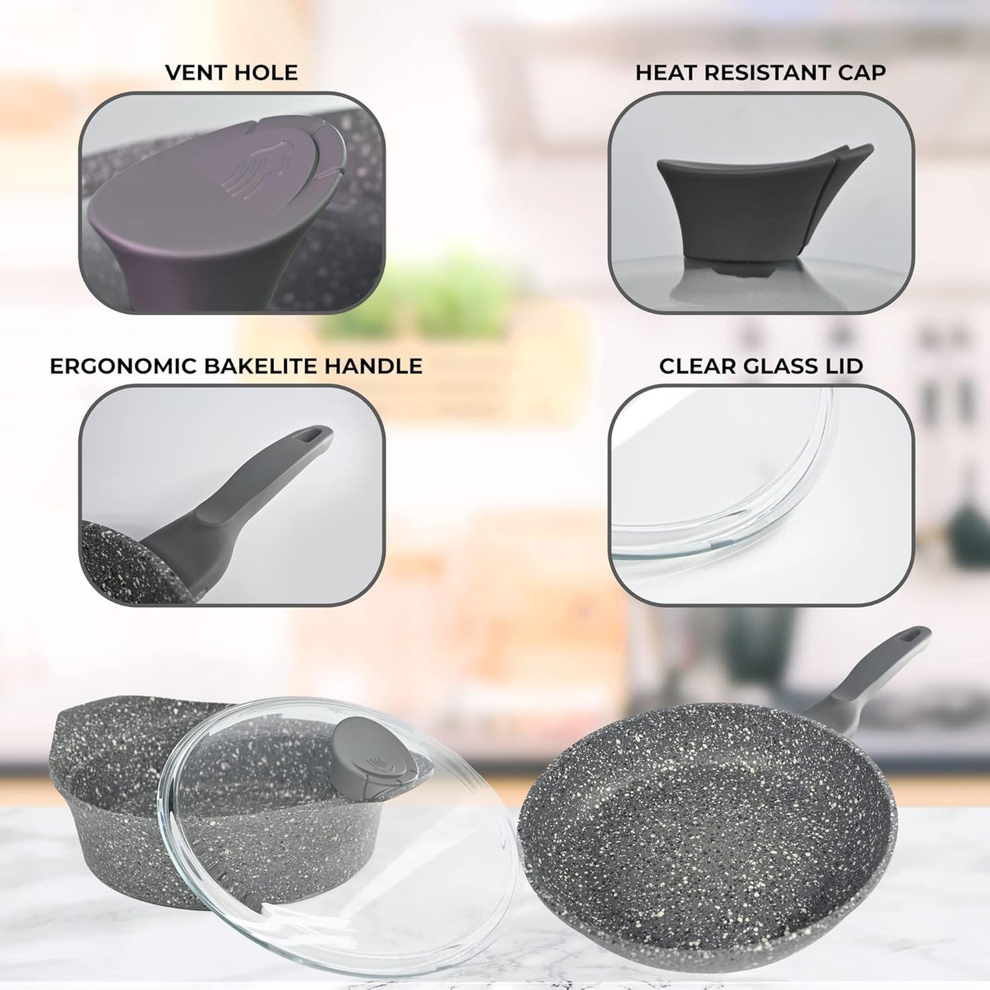 Akdeniz Luxury Cast Aluminum Cookware Set - Premium Nonstick Design for All Stovetops - 8 Piece Grey Induction Set