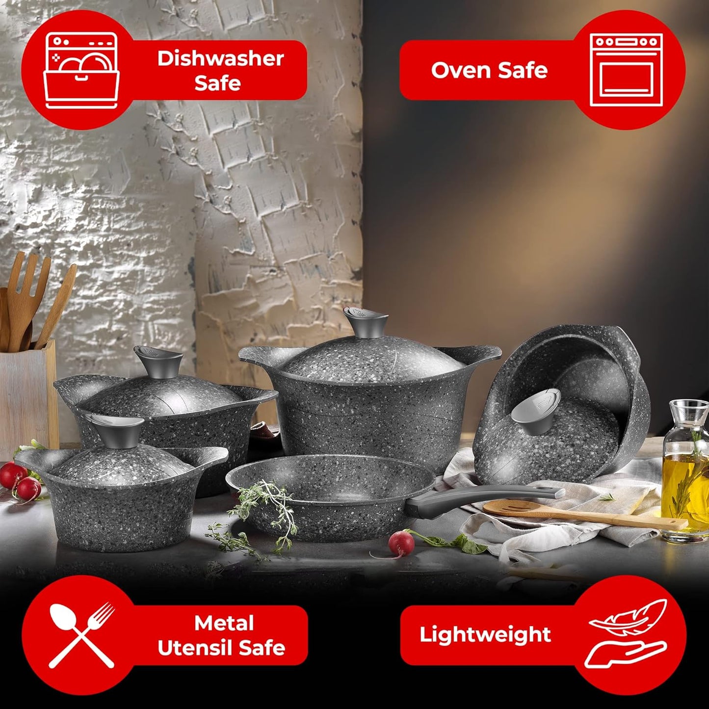 Akdeniz Luxury Cast Aluminum Cookware Set - Premium Nonstick Design for All Stovetops - 8 Piece Grey Induction Set