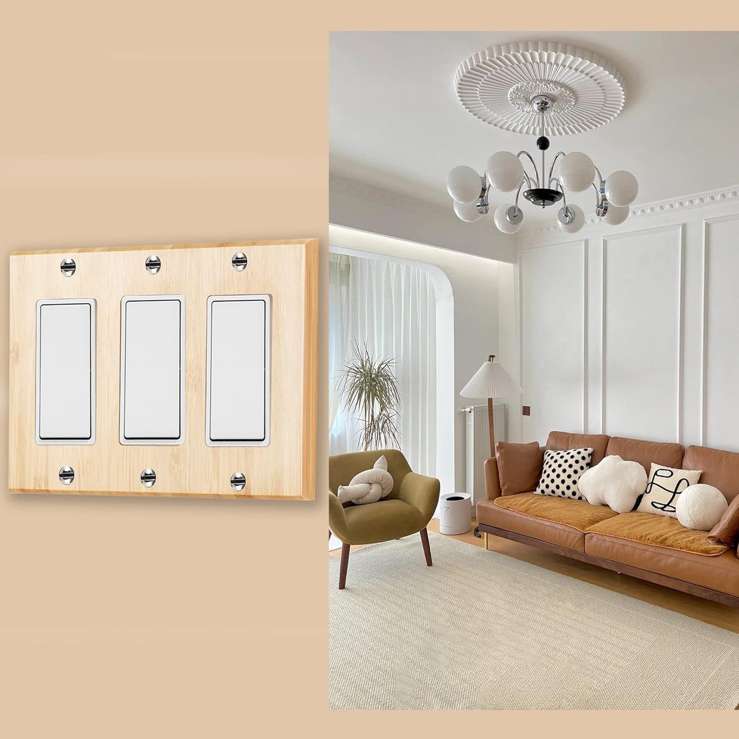 Alckerou Bamboo Triple Rocker Light Switch Plate - Solid Wood Cover for Bedroom, Kitchen, Home Decor - 4.5" x 6.3" Quality Raw Wooden Design