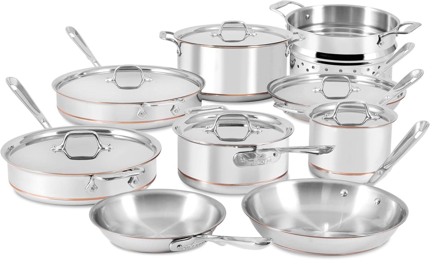 All-Clad Copper Core 15 Piece Stainless Steel Cookware Set - Oven Safe up to 600F - Stockpot, Pots and Pans Set - Silver