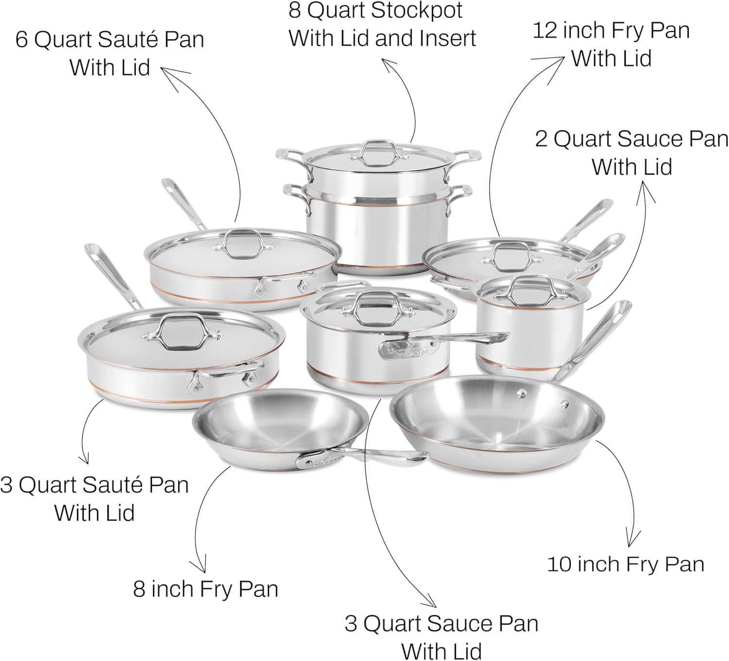 All-Clad Copper Core 15 Piece Stainless Steel Cookware Set - Oven Safe up to 600F - Stockpot, Pots and Pans Set - Silver