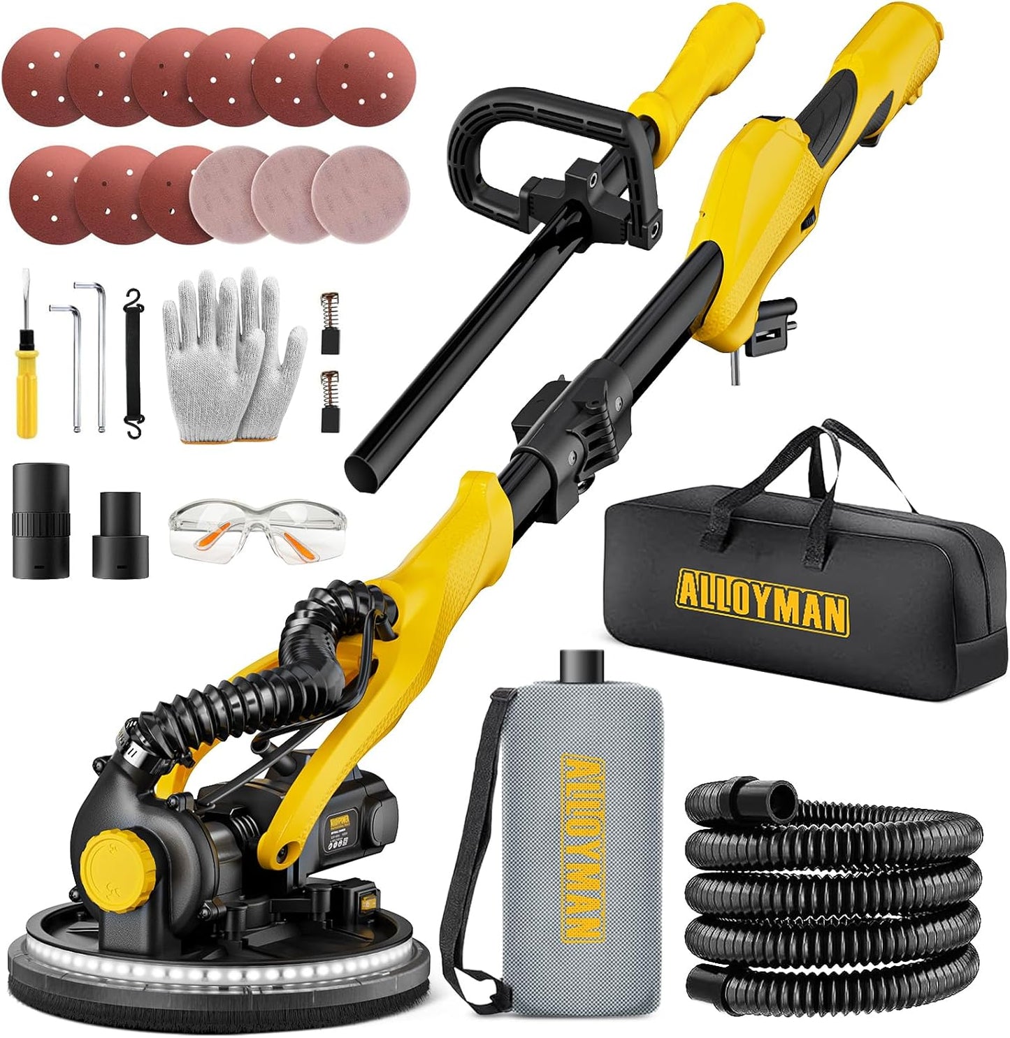 Alloyman 1050W Electric Drywall Sander with Vacuum Dust Collection - 7 Speeds, LED Light, Dust Bag & Hose