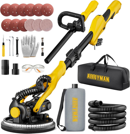 Alloyman 1050W Electric Drywall Sander with Vacuum Dust Collection - 7 Speeds, LED Light, Dust Bag & Hose