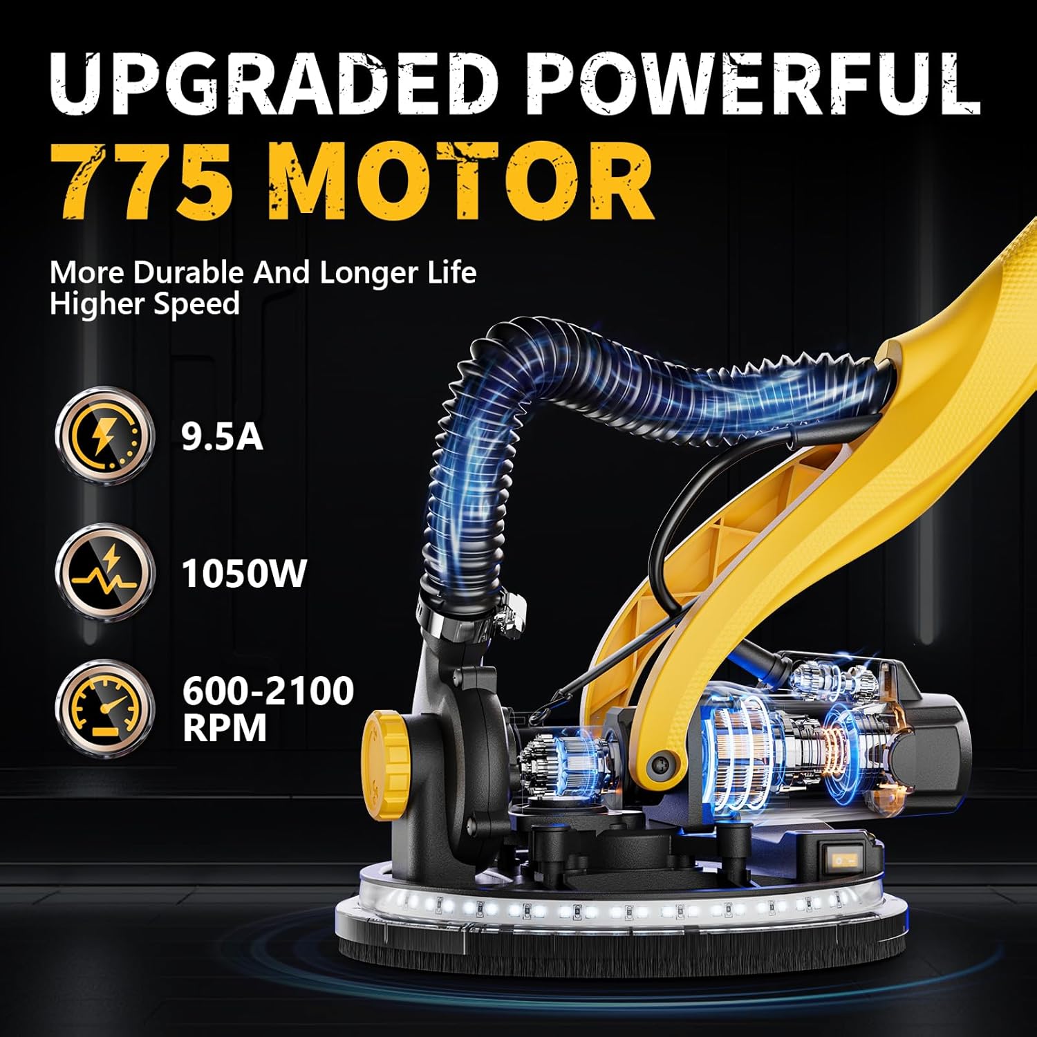 Alloyman 1050W Electric Drywall Sander with Vacuum Dust Collection - 7 Speeds, LED Light, Dust Bag & Hose