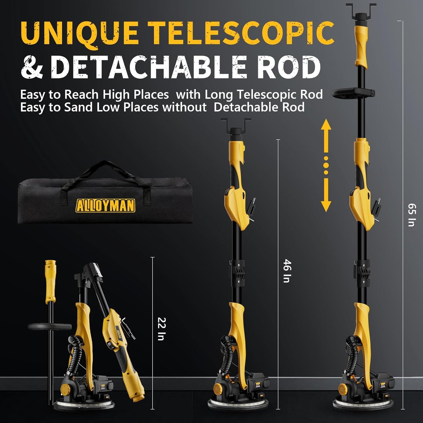 Alloyman 1050W Electric Drywall Sander with Vacuum Dust Collection - 7 Speeds, LED Light, Dust Bag & Hose