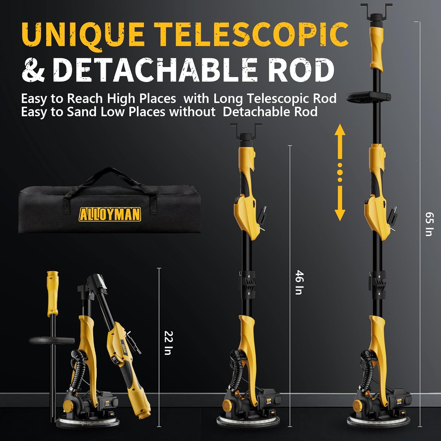 Alloyman 1050W Electric Drywall Sander with Vacuum Dust Collection - 7 Speeds, LED Light, Dust Bag & Hose