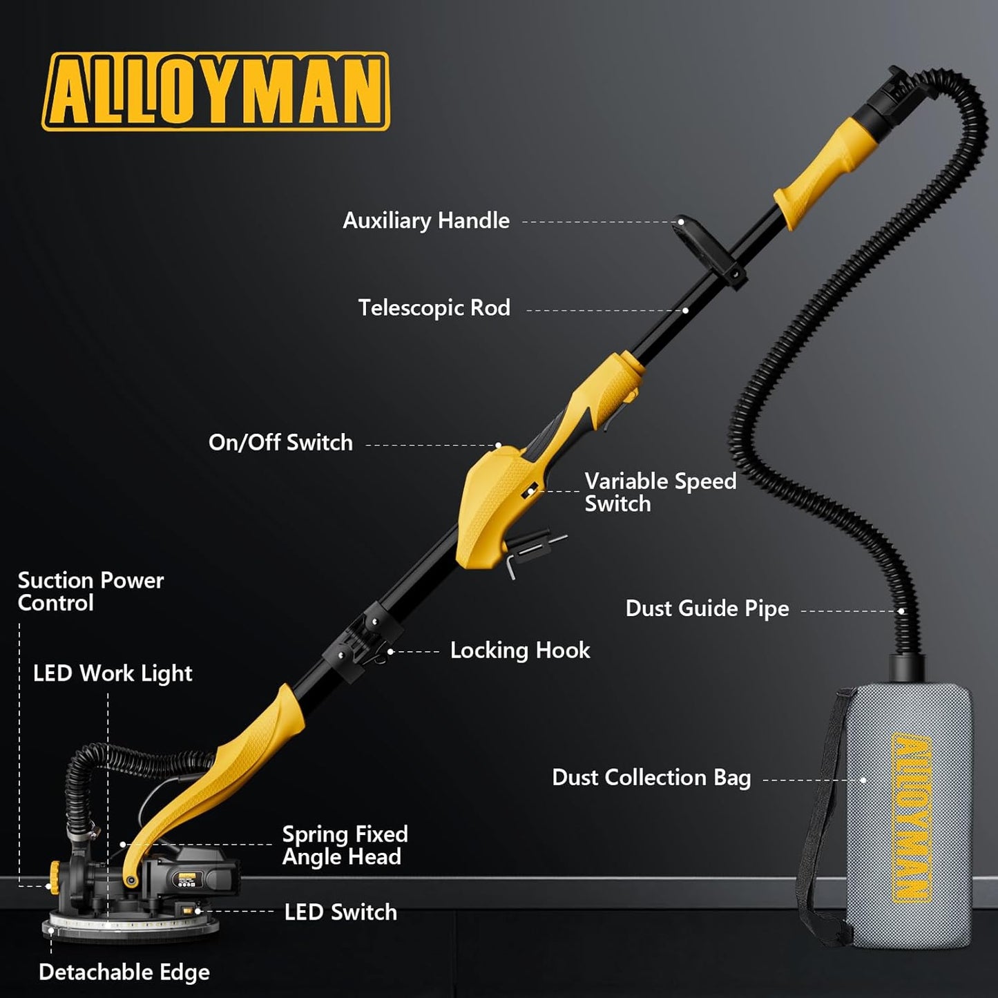 Alloyman 1050W Electric Drywall Sander with Vacuum Dust Collection - 7 Speeds, LED Light, Dust Bag & Hose