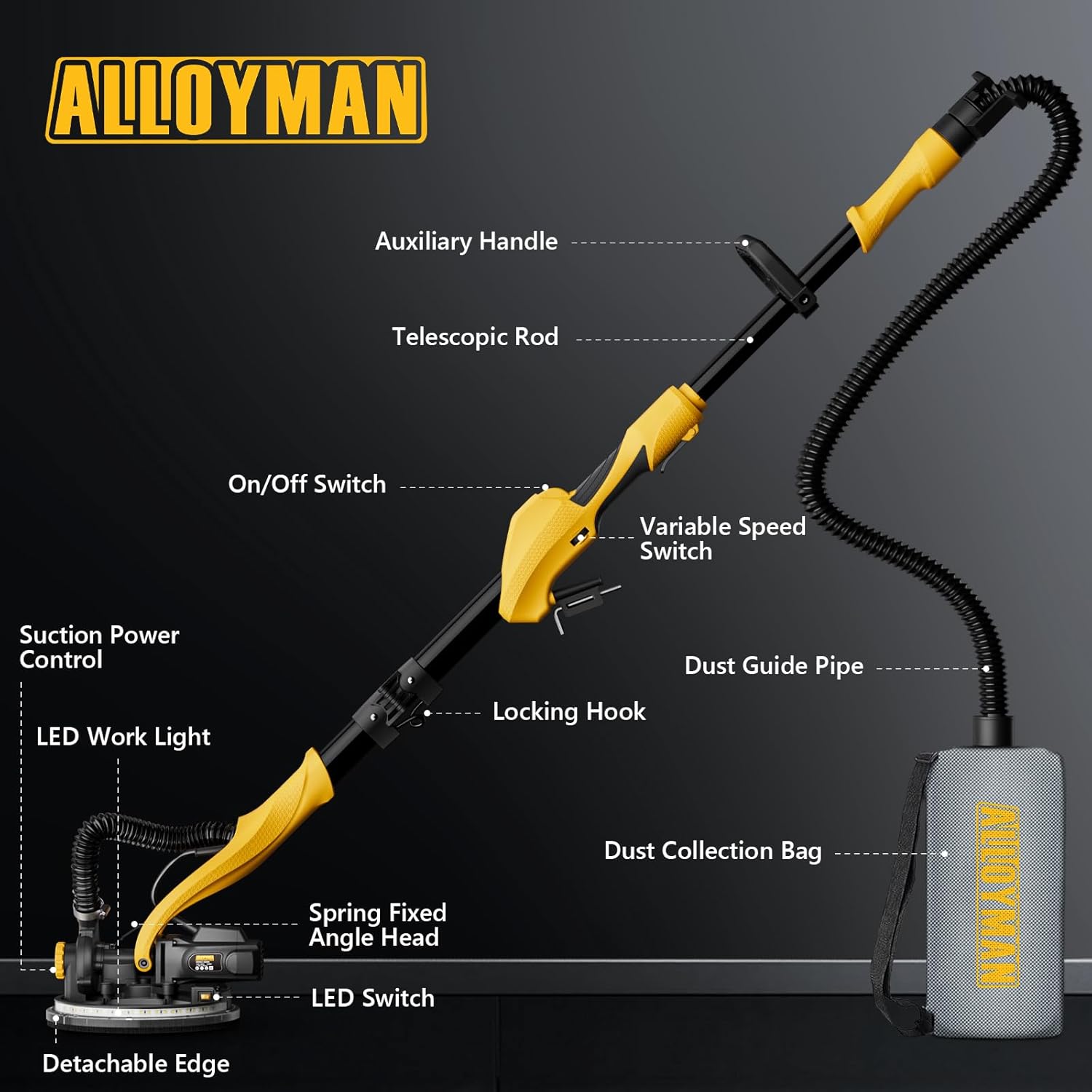 Alloyman 1050W Electric Drywall Sander with Vacuum Dust Collection - 7 Speeds, LED Light, Dust Bag & Hose