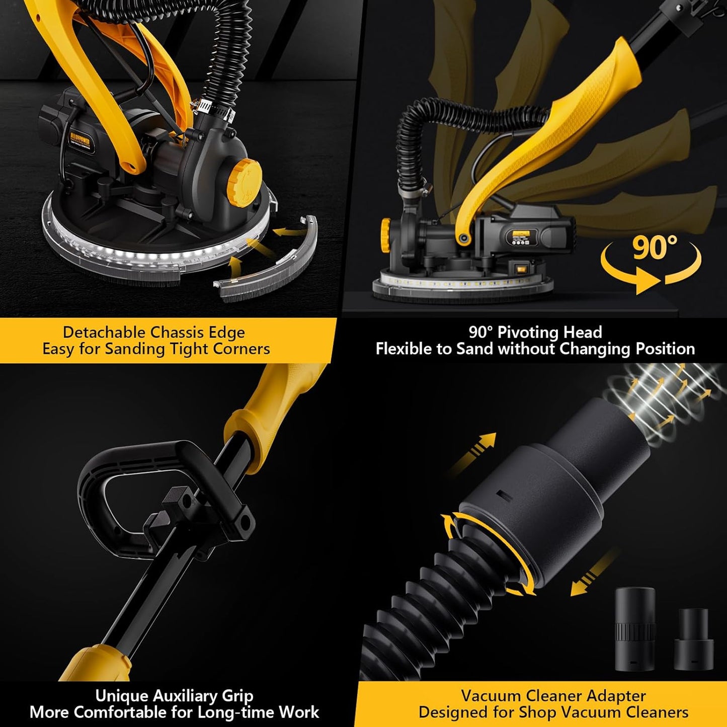 Alloyman 1050W Electric Drywall Sander with Vacuum Dust Collection - 7 Speeds, LED Light, Dust Bag & Hose