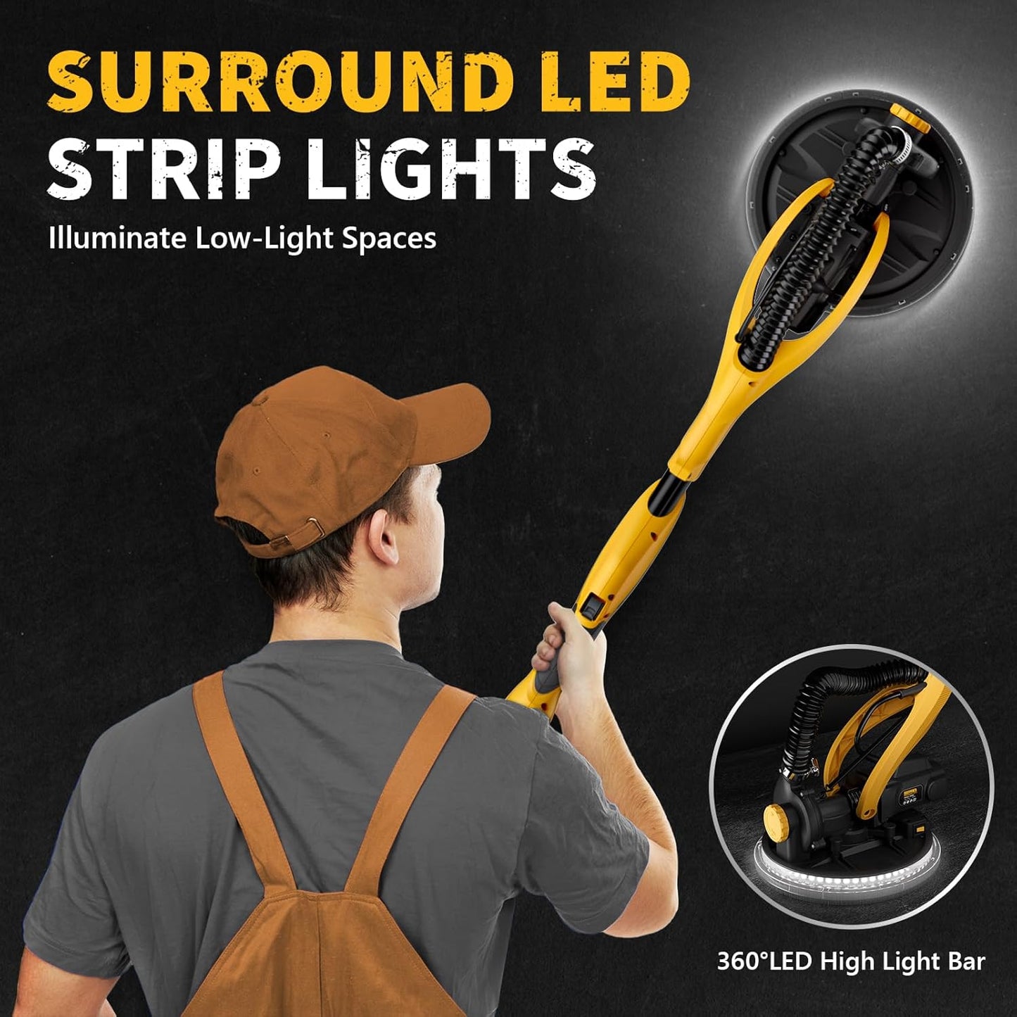 Alloyman 1050W Electric Drywall Sander with Vacuum Dust Collection - 7 Speeds, LED Light, Dust Bag & Hose