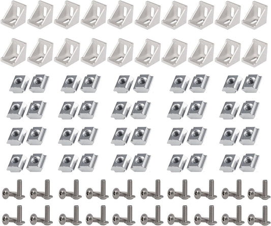 Aluminum Profile Connector Set 2020 Series - Includes 20 Corner Brackets, 40 T-Slot Nuts, 40 M5x8mm Screws - Compatible with 6mm Slot Profiles