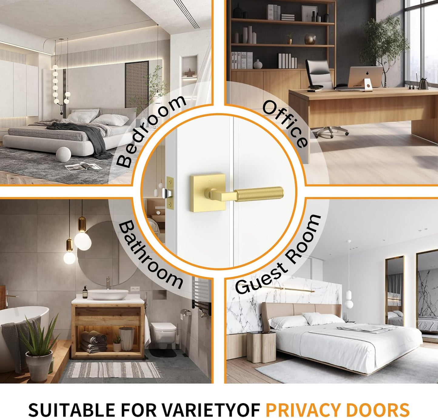 Amerdeco 3 Pack Brushed Gold Privacy Door Handles for Bedroom and Bathroom - Heavy Duty Knurled Gold Door Lever with Reversible Keyless Design AM0021