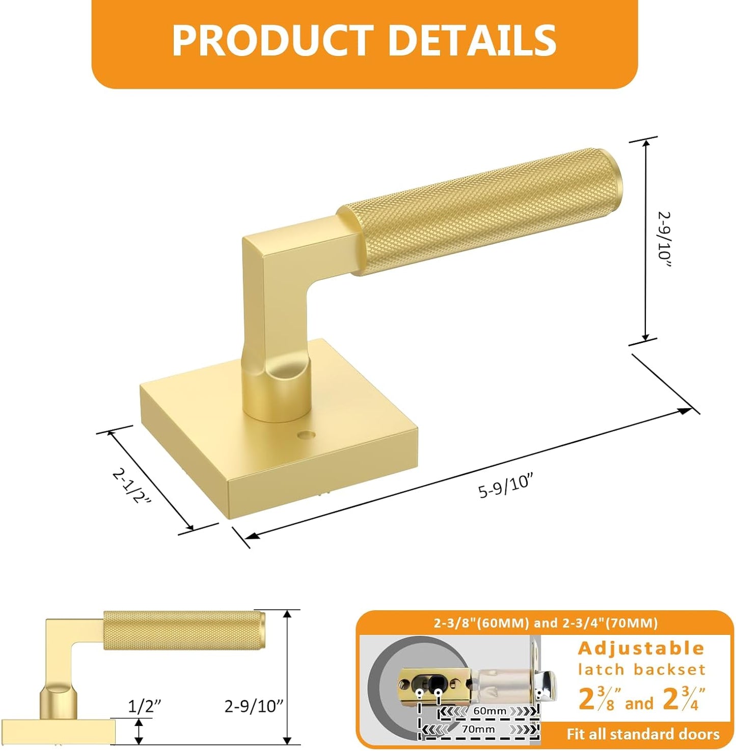 Amerdeco 3 Pack Brushed Gold Privacy Door Handles for Bedroom and Bathroom - Heavy Duty Knurled Gold Door Lever with Reversible Keyless Design AM0021