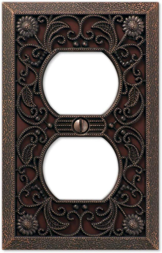 Amerelle 65DDB Filigree Wallplate - 1 Duplex Outlet - Cast Metal - Aged Bronze - 1-Pack - Stylish Wall Plate for Outlets