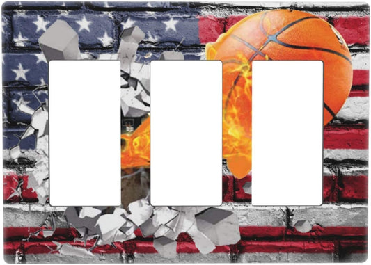 American Flag Basketball Sport Decorative Light Switch Wall Plate Cover for Home Decor - 3 Gang Triple Rocker/Decora Design - Screwless Installation - 6.57" x 4.65