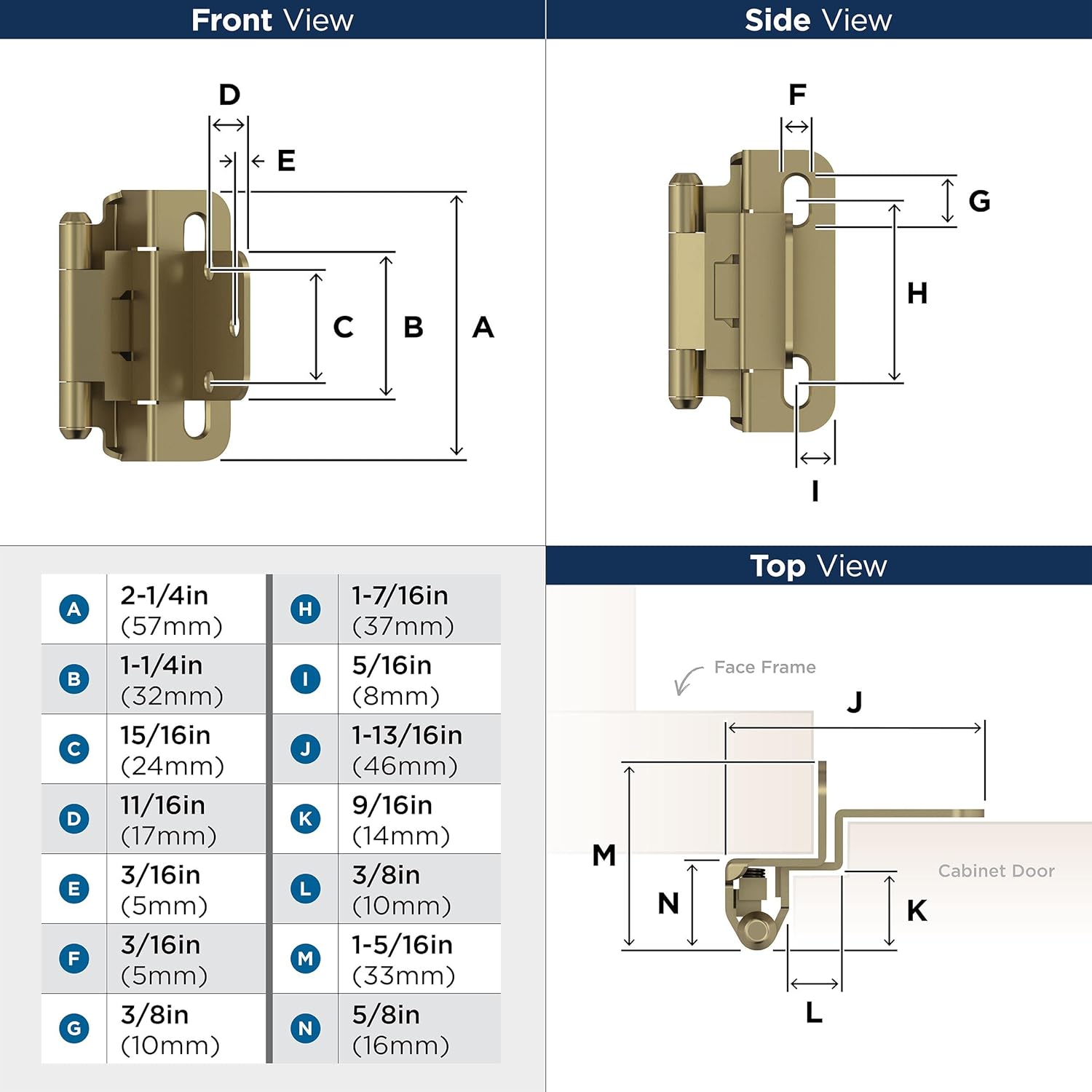 Amerock BPR7565BBZ Golden Champagne Cabinet Hinge - 3/8" Inset Self Closing Partial Wrap - Kitchen Cabinet Door Hardware Pair