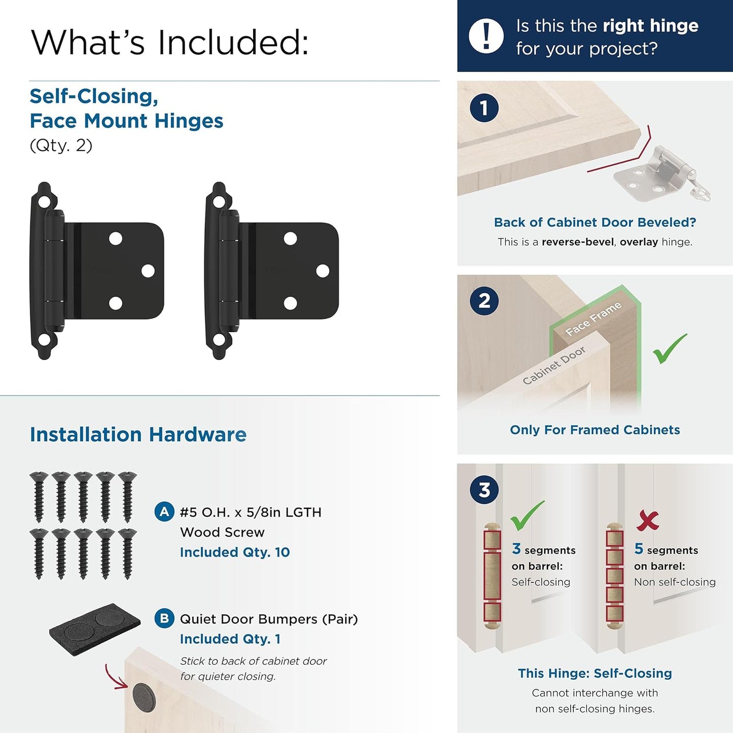 Amerock BPR7630FB Matte Black Self Closing Cabinet Hinge - Face Frame, Variable Overlay, Kitchen Door Hardware - 1 Pair