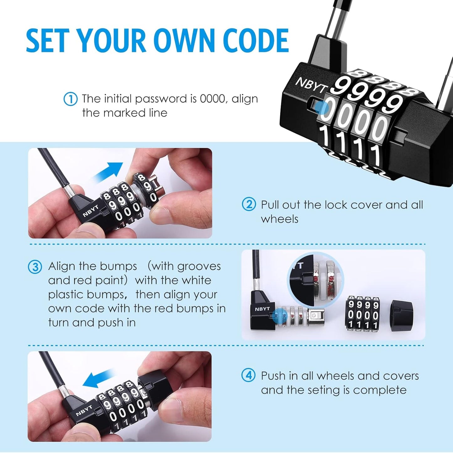 AMIR Long Shackle Combination Padlock - 4 Digit Resettable, Waterproof Handle for School, Gym, Locker, Gate, Bike, Luggage - WildKart