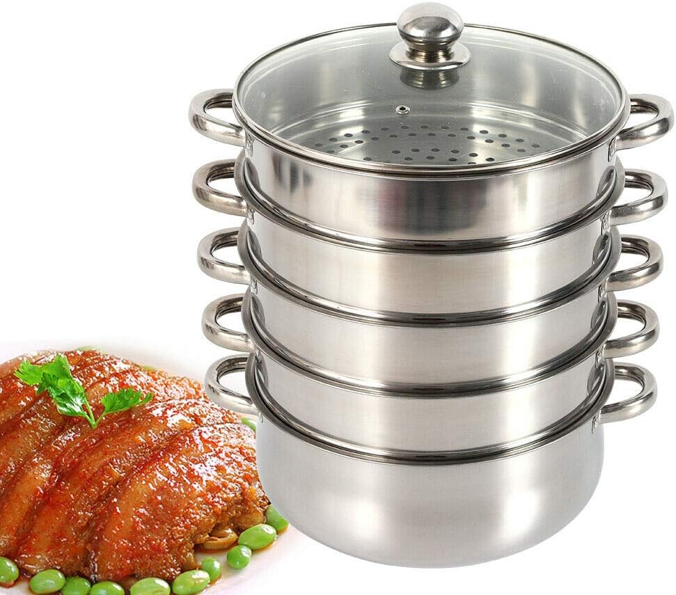 AngelcityCC Stainless Steel 5 Tier Steamer Pot with Stackable Pan and Lid - Food & Vegetable Cooker Pots