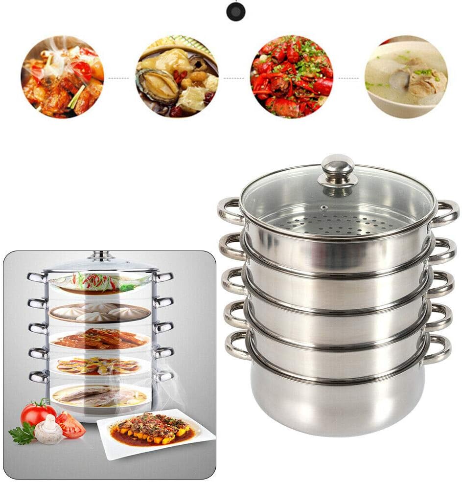 AngelcityCC Stainless Steel 5 Tier Steamer Pot with Stackable Pan and Lid - Food & Vegetable Cooker Pots