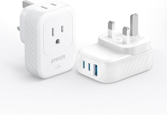 Anker USA International Plug Adapter (Pack of 2) - Travel Adapter with 15W Max Power, 2 AC, 2 USB-C, 1 USB-A Port - iPhone 15, iPad Air Compatible - Compact & TUV Listed - Type G-UK