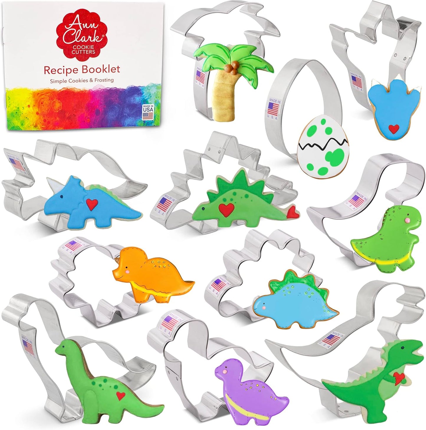 Ann Clark Cookie Cutters 11-Pc Dinosaur Set - Made in USA, T-Rex, Triceratops, Brontosaurus, Dino Egg